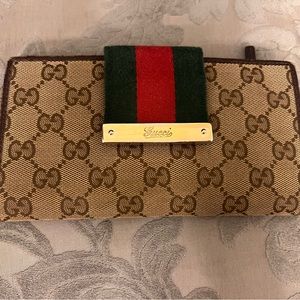 GUCCI Monogram Ladies Web Continental Wallet Dark Brown